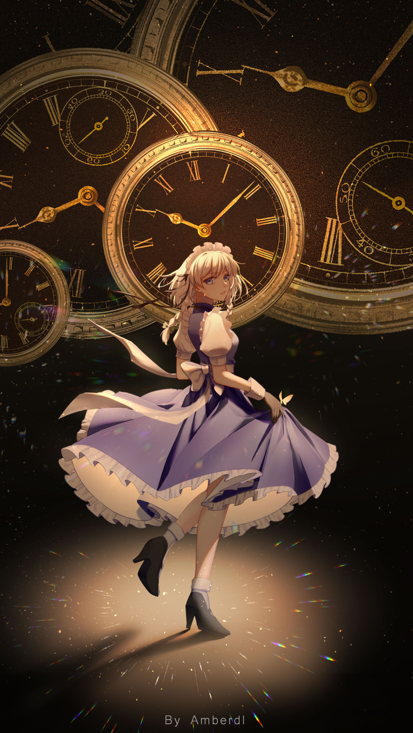 1girl absurdres amberdl black_background black_footwear black_gloves black_ribbon blue_dress blue_eyes bobby_socks bow braid bug butterfly chromatic_aberration clock cuff_links dark dial dress frilled_dress frills full_body gloves hair_bow hair_ribbon high_heels highres insect izayoi_sakuya light_particles looking_at_viewer looking_back maid_headdress parted_lips puffy_short_sleeves puffy_sleeves ribbon roman_numeral sash shadow short_hair short_sleeves silver_hair skirt_hold socks solo sparks standing standing_on_one_leg touhou twin_braids white_hair white_legwear white_sash wrist_cuffs