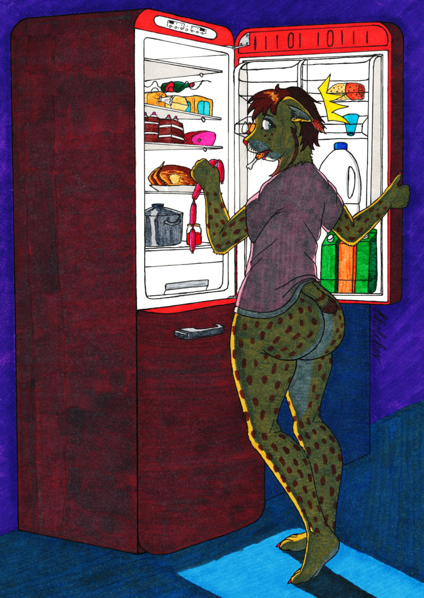 anthro big_butt bottomless butt cake cheese chicken_meat clothed clothing dairy_products dessert emanata felid feline female food fridge ham hi_res konstantin_kholchev looking_back lynx mammal meat night pink_clothing pork sausage solo spots spotted_body surprise thick_thighs