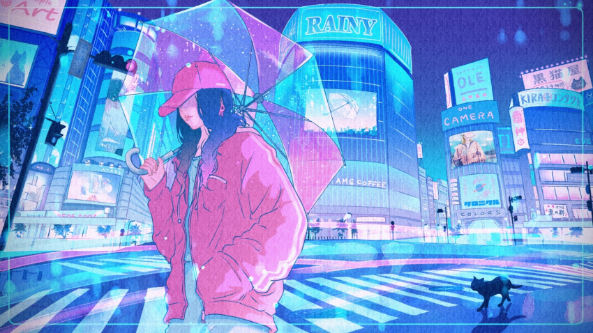 1girl baseball_cap black_cat black_hair building cat crosswalk drawstring gradient_hair hand_in_pocket hat highres holding holding_umbrella intersection jacket long_hair multicolored_hair original pink_hair pink_headwear pink_jacket reflection solo tokyo_(city) transparent transparent_umbrella umbrella wacca005