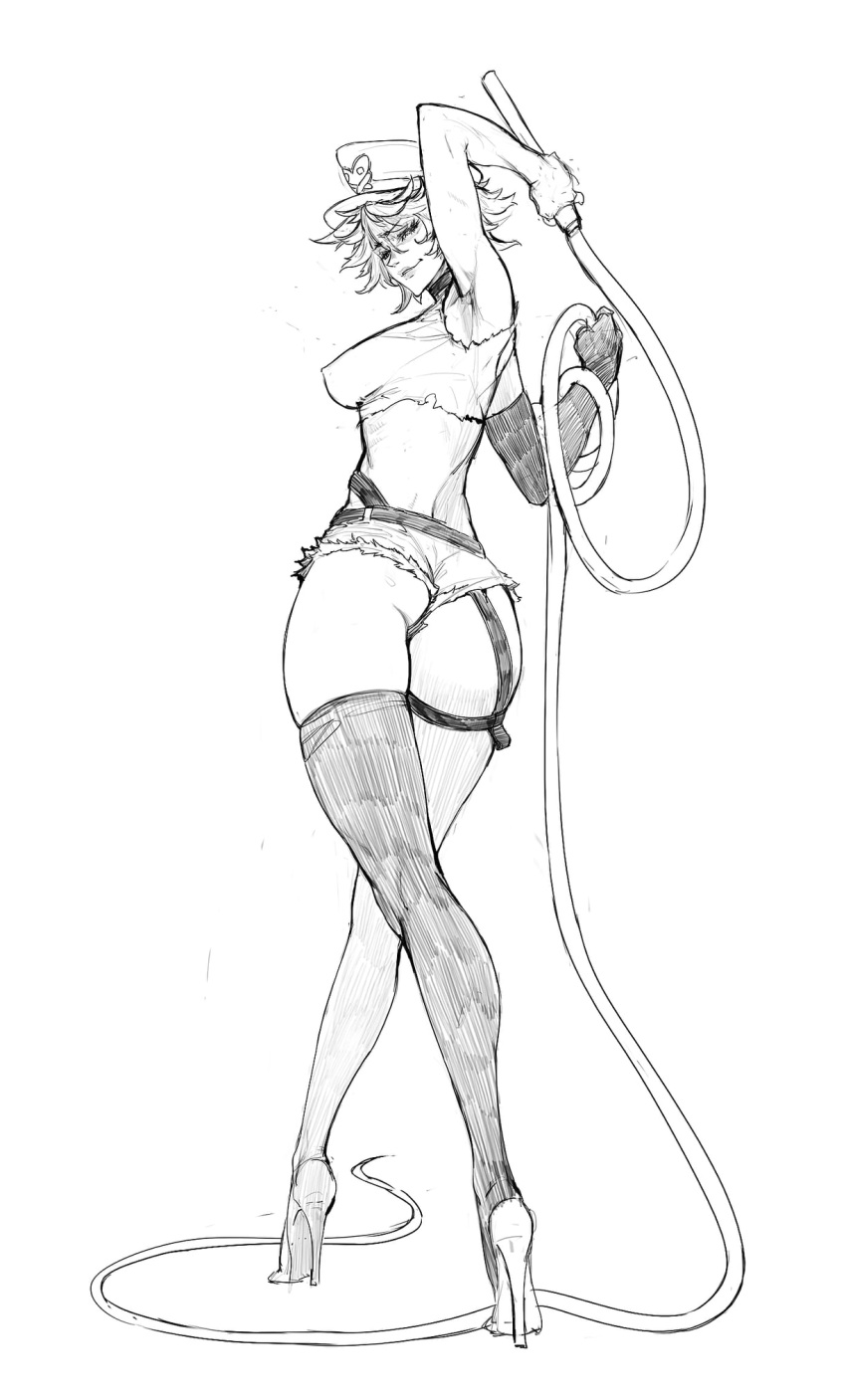 1girl alternate_hairstyle armpits ass denim denim_shorts elbow_gloves final_fight from_behind garter_straps gloves high_heels highres jeffr legs looking_at_viewer looking_back monochrome poison_(final_fight) riding_crop short_hair short_shorts shorts simple_background single_elbow_glove single_thighhigh sketch smile solo thighhighs whip white_background