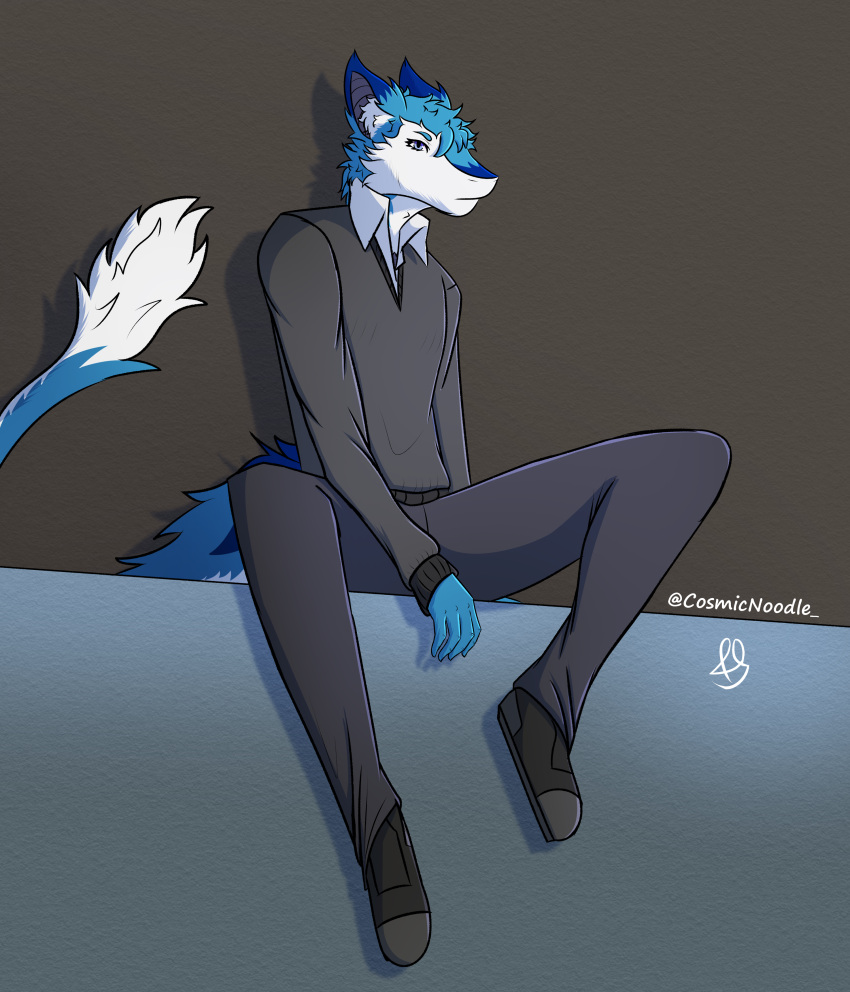 absurd_res anthro blue_body blue_eyes blue_fur bottomwear cel_shading clothed clothing cosmic_noodle dark_blue_fur dragon footwear full-length_portrait fur hi_res hybrid invalid_tag male multicolored_body multicolored_fur multicolored_tail pants portrait scales sergal shaded shoes simple_background sitting solo sweater topwear white_body white_fur