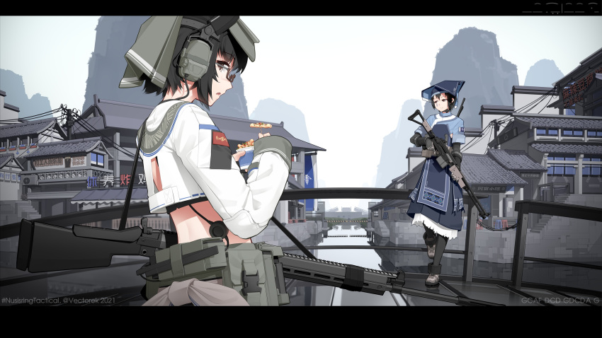 1girl 2girls absurdres architecture assault_rifle bangs barcode belt black_gloves black_hair black_legwear blue_dress blue_headwear bridge building chinese_text closed_mouth combat_knife dress earpiece east_asian_architecture emblem facial_tattoo flag food glasses gloves gun half-closed_eyes handgun hat highres holding holding_food holding_gun holding_weapon imi_galil knife lidi_ahye_yesemo long_sleeves md5_mismatch medium_dress midriff military mountain multiple_girls original pantyhose print_dress rifle short_hair short_over_long_sleeves short_sleeves smile solo tattoo throat_microphone transmission_tower trigger_discipline twitter_username utility_belt vectorek weapon