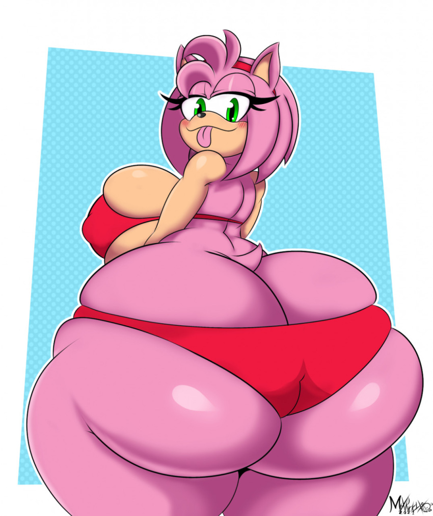 amy_rose anthro big_breasts big_butt bikini breasts butt clothing eulipotyphlan female green_eyes hair hedgehog hi_res huge_butt hyper hyper_butt mammal mrxrickyx pink_body pink_hair solo sonic_the_hedgehog_(series) swimwear thick_thighs tongue tongue_out