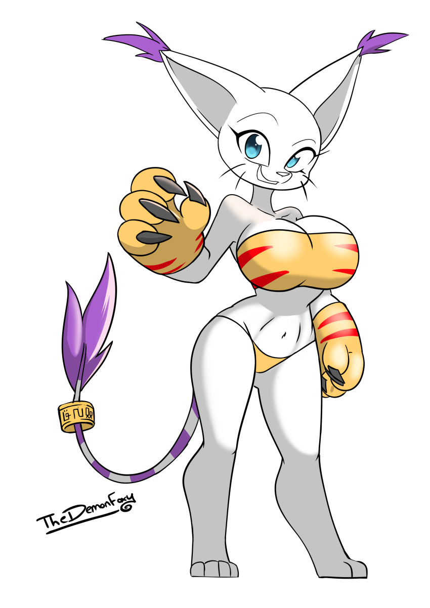 absurd_res anthro anthrofied big_breasts breasts clothing digimon digimon_(species) female fur gatomon hi_res huge_breasts looking_at_viewer simple_background smile solo thedemonfoxy underwear white_background white_body white_fur