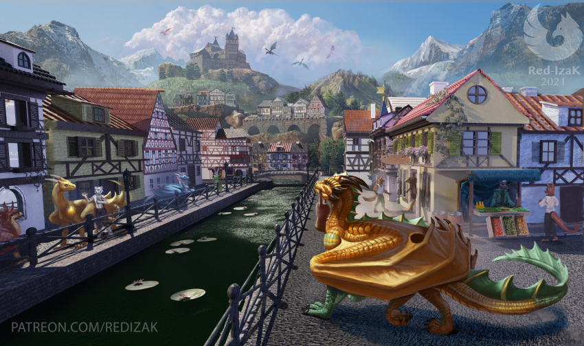2021 3d_(artwork) amazing_background ambiguous_gender anthro avian biped blue_body blue_eyes blue_scales brown_body brown_fur castle city cityscape claws cloud day detailed_background digital_drawing_(artwork) digital_media_(artwork) digitigrade dragon feathers feral finger_claws fur green_body green_scales group gryphon hi_res horn lily_pad membrane_(anatomy) membranous_wings mountain mythological_avian mythology outside plant quadruped red-izak red_body red_feathers scales scalie shaded sky toe_claws water wings yellow_body yellow_scales