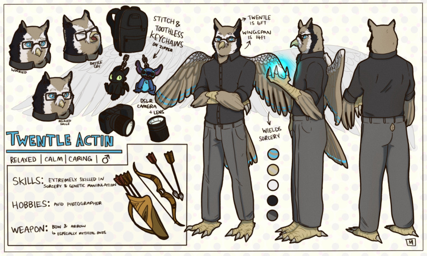 5:3 arrow_(weapon) avian bird bow_(weapon) clothed clothing disney dragon dreamworks dress_pants dress_shirt dslr english_text eyewear feathers glasses hi_res how_to_train_your_dragon lilo_and_stitch magic male model_sheet mortytaur night_fury owl photographer plasma_ball ranged_weapon scalie scops_owl shirt solo sorcery stitch_(lilo_and_stitch) teal_eyes teal_feathers text toothless topwear true_owl twentle twentle_actin twentles weapon western_dragon white-faced_owl