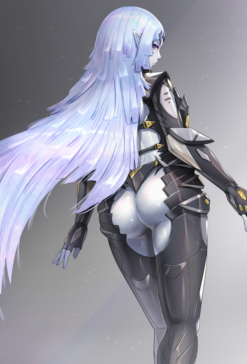 1girl alien armor ass bangs blue_hair breasts cleavage elma_(true_form)_(xenoblade_x) elma_(xenoblade_x) gonzarez highres light_blue_eyes light_blue_hair long_hair looking_at_viewer pointy_ears purple_eyes simple_background solo standing upper_body very_long_hair xenoblade_chronicles_(series) xenoblade_chronicles_x