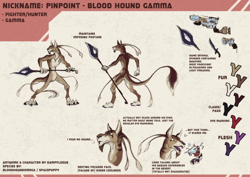 alien anthro bloodhound_omega brown_body brown_fur character claws conditional_dnp dialogue english_text fur gun holding_object holding_weapon invalid_tag knife male melee_weapon model_sheet open_species polearm ranged_weapon sleek slim solo tan_body tan_fur text weapon