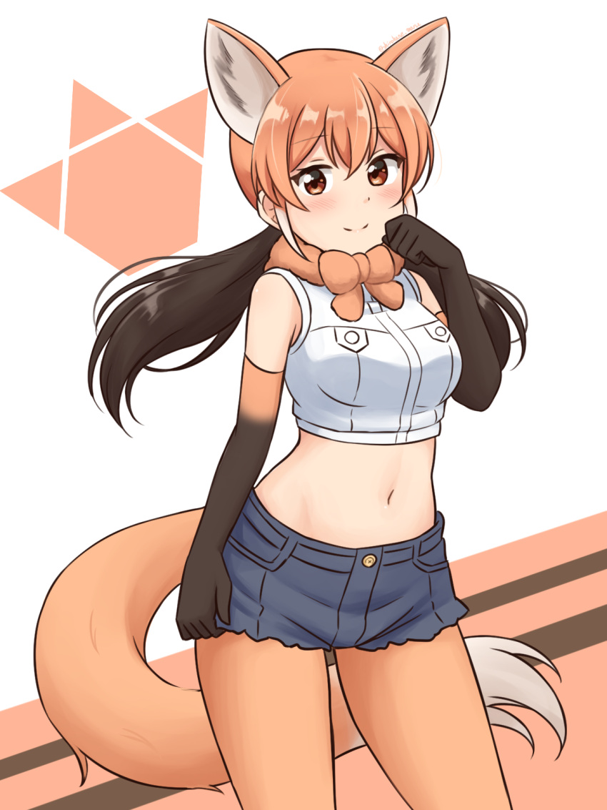 1girl animal_ears arm_at_side bangs bare_shoulders black_gloves black_hair black_shorts blush brown_eyes commentary cowboy_shot crop_top cutoffs disconnected_mouth elbow_gloves extra_ears eyebrows_visible_through_hair gloves gradient_gloves highres kemono_friends legwear_under_shorts looking_at_viewer low_twintails maned_wolf_(kemono_friends) midriff multicolored_hair navel orange_gloves orange_hair orange_legwear pantyhose shiraha_maru shirt short_shorts shorts simple_background sleeveless sleeveless_shirt smile solo tail twintails white_shirt wolf_ears wolf_girl wolf_tail