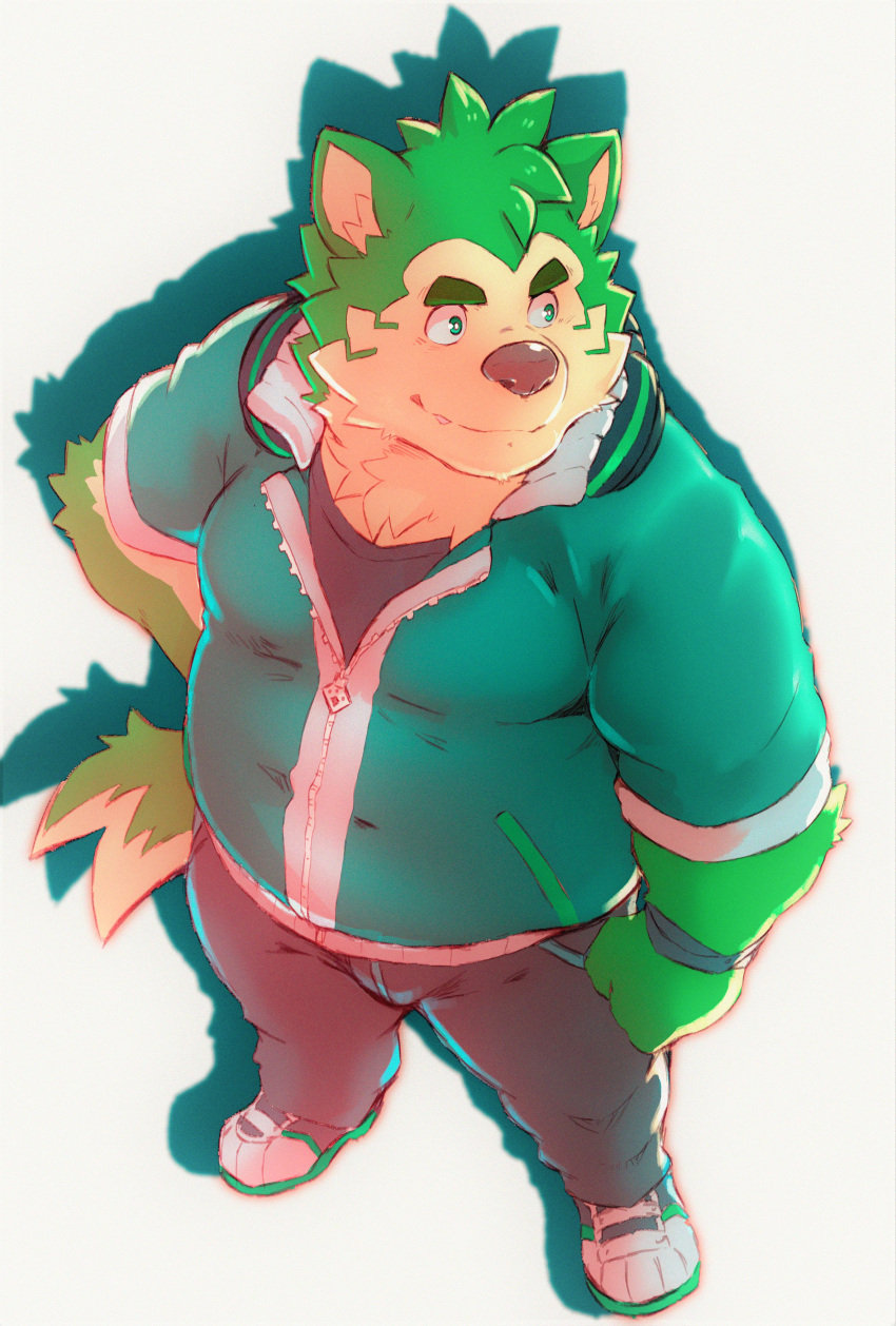 2021 absurd_res anthro bottomwear bulge canid canine canis clothing domestic_dog fur green_body green_fur heylaw21 hi_res humanoid_hands kemono live-a-hero male mammal mokdai overweight overweight_anthro overweight_male pants simple_background solo video_games
