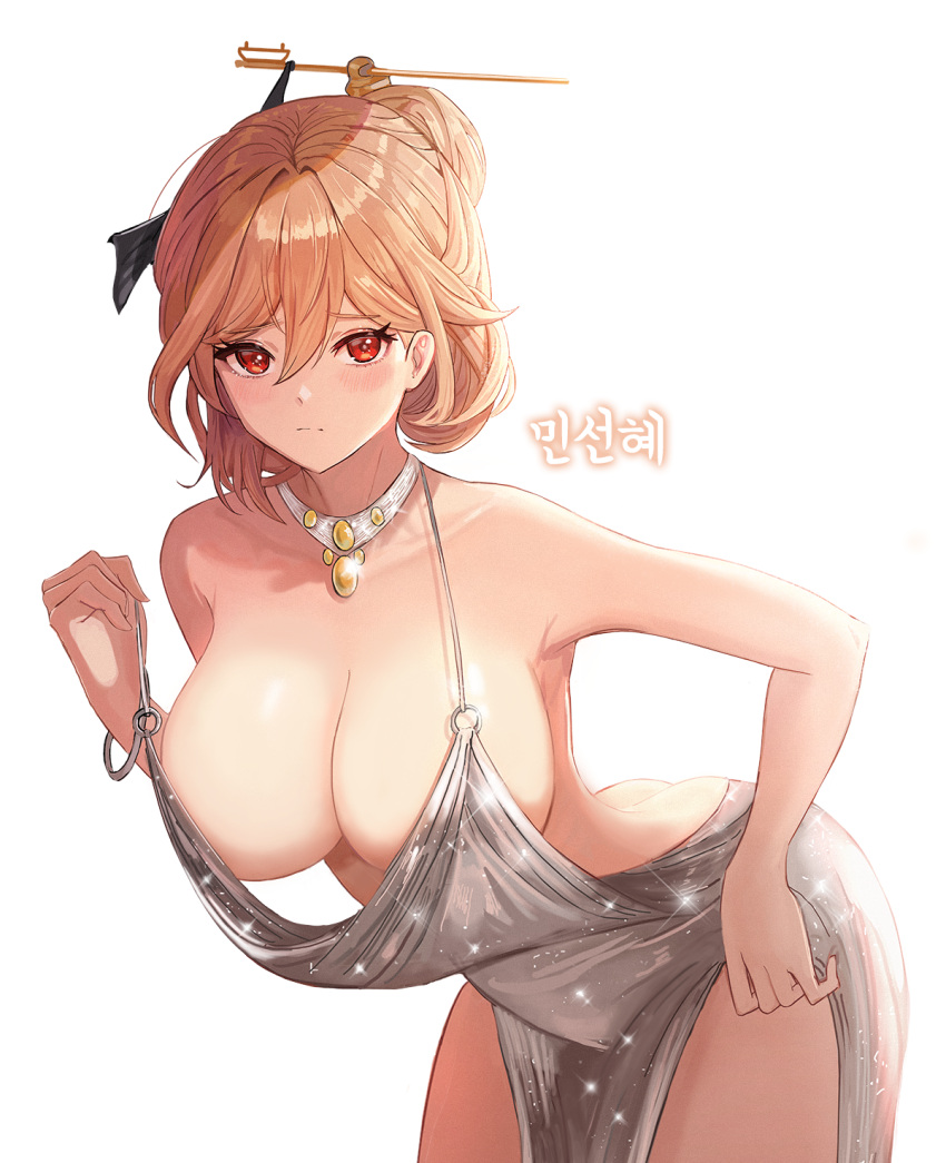 1girl azur_lane backless_dress backless_outfit bangs bare_shoulders blonde_hair bracelet breasts butt_crack cleavage commission cosplay dress dungeon_and_fighter evening_gown eyebrows_visible_through_hair hair_between_eyes hair_ornament hairpin halter_dress halterneck highres jewelry large_breasts leaning_forward long_hair moth1 necklace plunging_neckline red_eyes revealing_clothes second-party_source silver_dress simple_background st._louis_(azur_lane) st._louis_(azur_lane)_(cosplay) st._louis_(luxurious_wheels)_(azur_lane) white_background