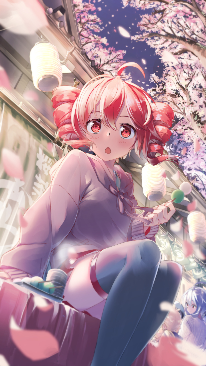 ahoge bangs blue_legwear blush cherry_blossoms chestnut_mouth commentary_request daidou_(demitasse) drill_hair eyebrows_visible_through_hair feet_out_of_frame food hair_between_eyes highres holding holding_food hood hood_down hoodie kasane_teto long_sleeves looking_at_viewer outdoors petals purple_hoodie red_eyes red_hair short_hair sitting thighhighs twin_drills twintails utau