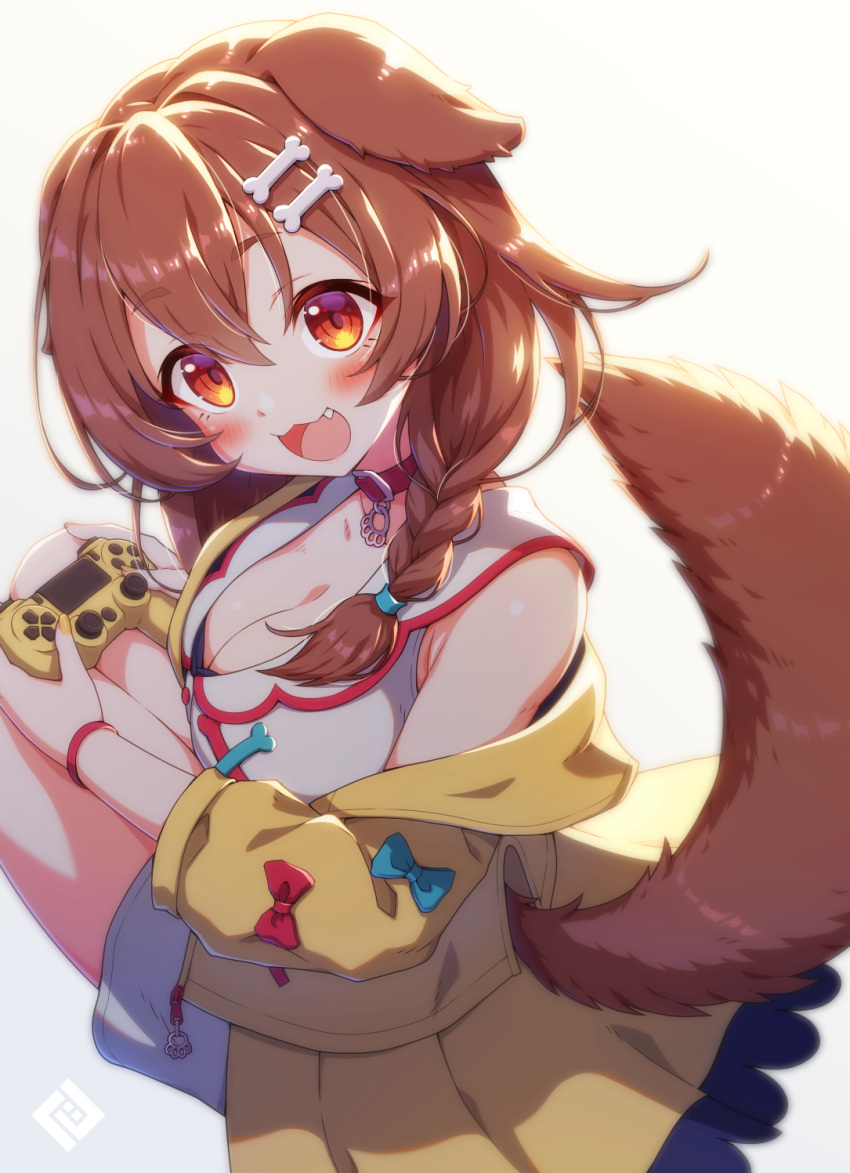 1girl :d animal_ears bone_hair_ornament breasts brown_hair cartoon_bone cleavage controller dog_ears dog_tail dualshock eyebrows_visible_through_hair game_controller gamepad hair_ornament highres holding holding_controller holding_game_controller hololive inugami_korone looking_at_viewer medium_breasts open_mouth orange_eyes playstation_controller short_hair shorts sitting smile solo tail thighs tsuji virtual_youtuber