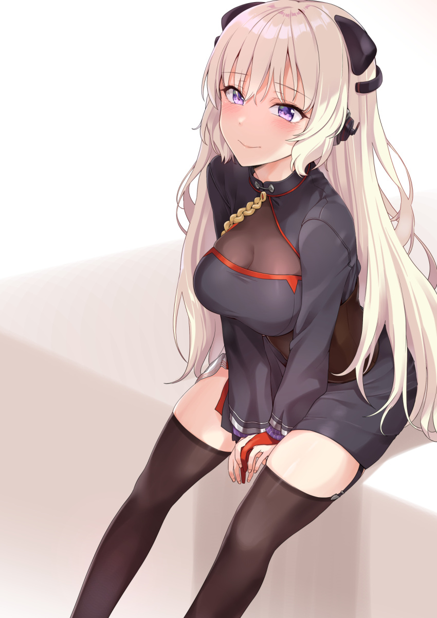 1girl black_legwear black_shirt blonde_hair breasts dulldull g3_(girls_frontline) garter_straps girls_frontline hair_ornament highres large_breasts long_hair long_sleeves purple_eyes shirt sitting smile solo thighhighs