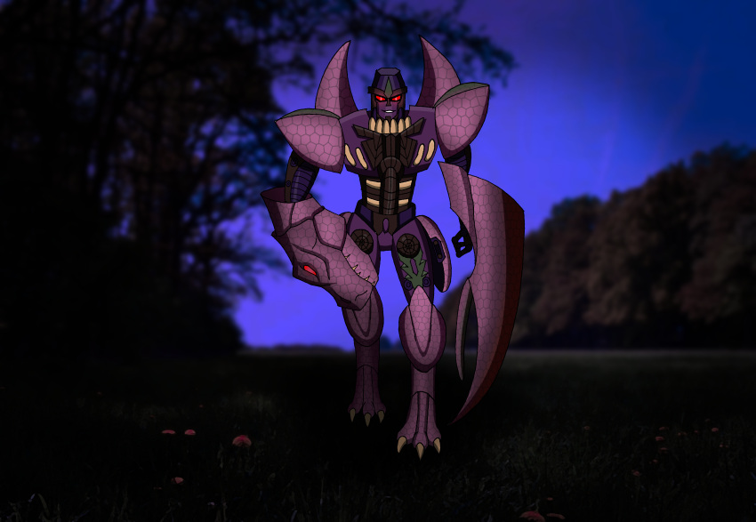 absurd_res claws cybertronian dinosaur forest hasbro hi_res looking_at_viewer machine male megatron_(beast_wars) nikku_lunatique not_furry plant predacon purple_body red_eyes reptile robot scalie smile solo takara_tomy theropod transformers transformers:_beast_wars tree tyrannosaurid tyrannosaurus tyrannosaurus_rex walking
