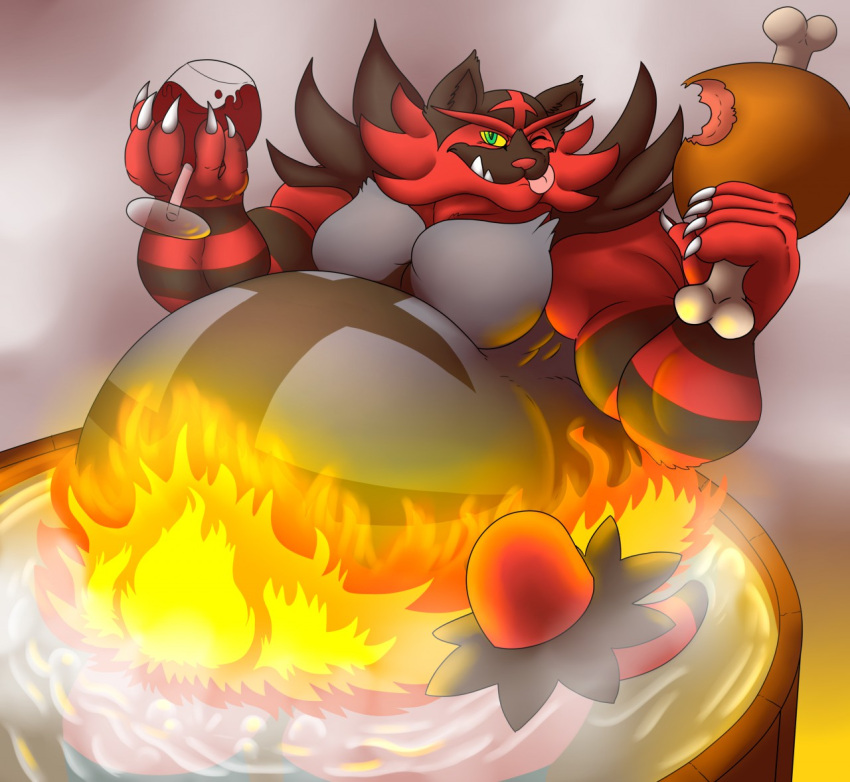 5_fingers alcohol anthro belly beverage big_belly black_body black_fur bone claws eggo21 fangs fingers fire food fur green_eyes grey_belly holding_food holding_object hot_tub incineroar looking_at_viewer male meat musclegut muscular muscular_anthro muscular_male nintendo one_eye_closed overweight overweight_anthro overweight_male pok&eacute;mon pok&eacute;mon_(species) red_body red_fur solo steam stripes tongue tongue_out video_games water wine wine_glass wink yellow_eyes