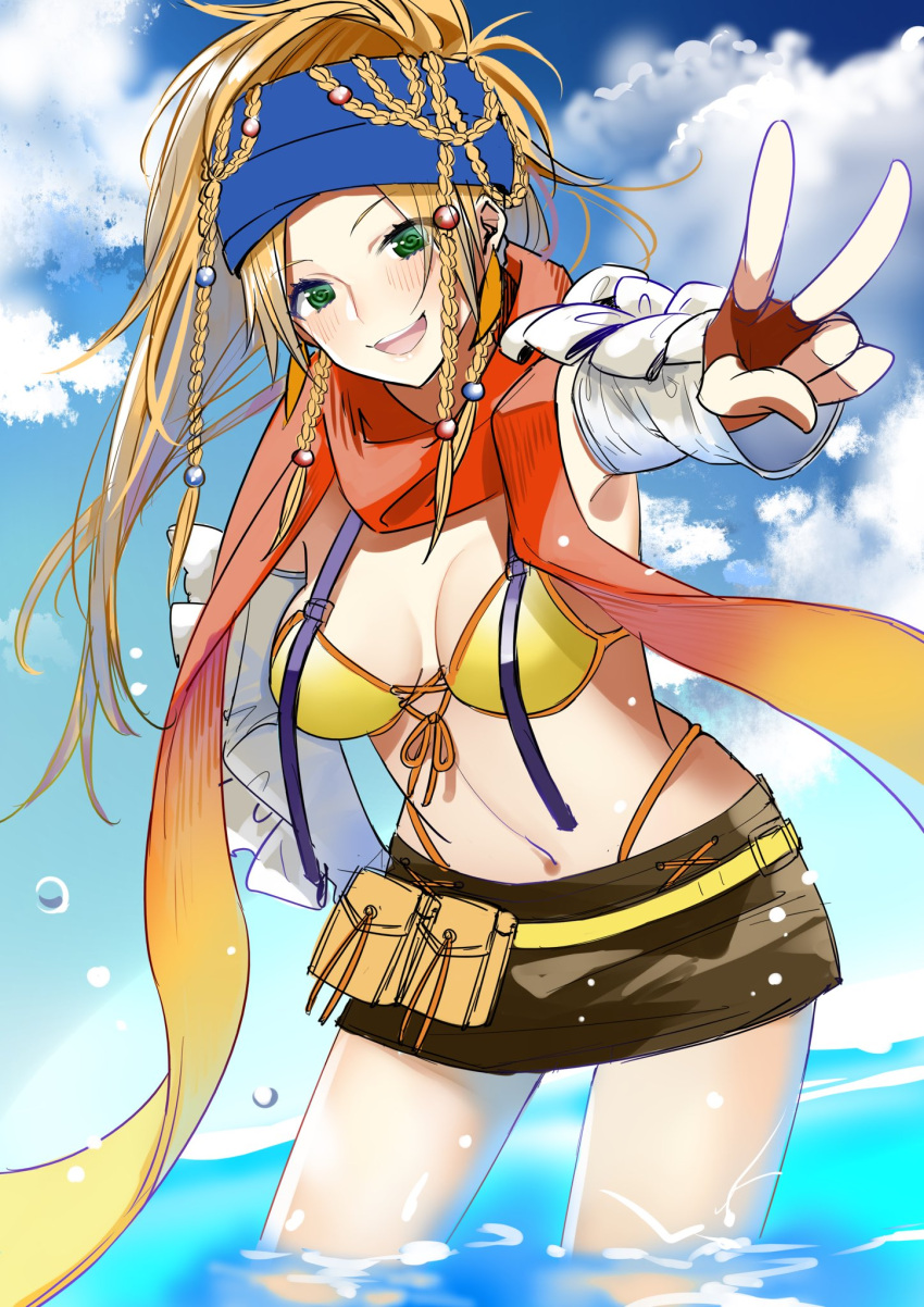 1girl bikini blonde_hair blue_headband braid breasts cloud detached_sleeves final_fantasy final_fantasy_x final_fantasy_x-2 green_eyes hair_ornament headband highres long_hair looking_at_viewer matoi_e_ma navel open_mouth rikku scarf skirt smile solo swimsuit thong_bikini