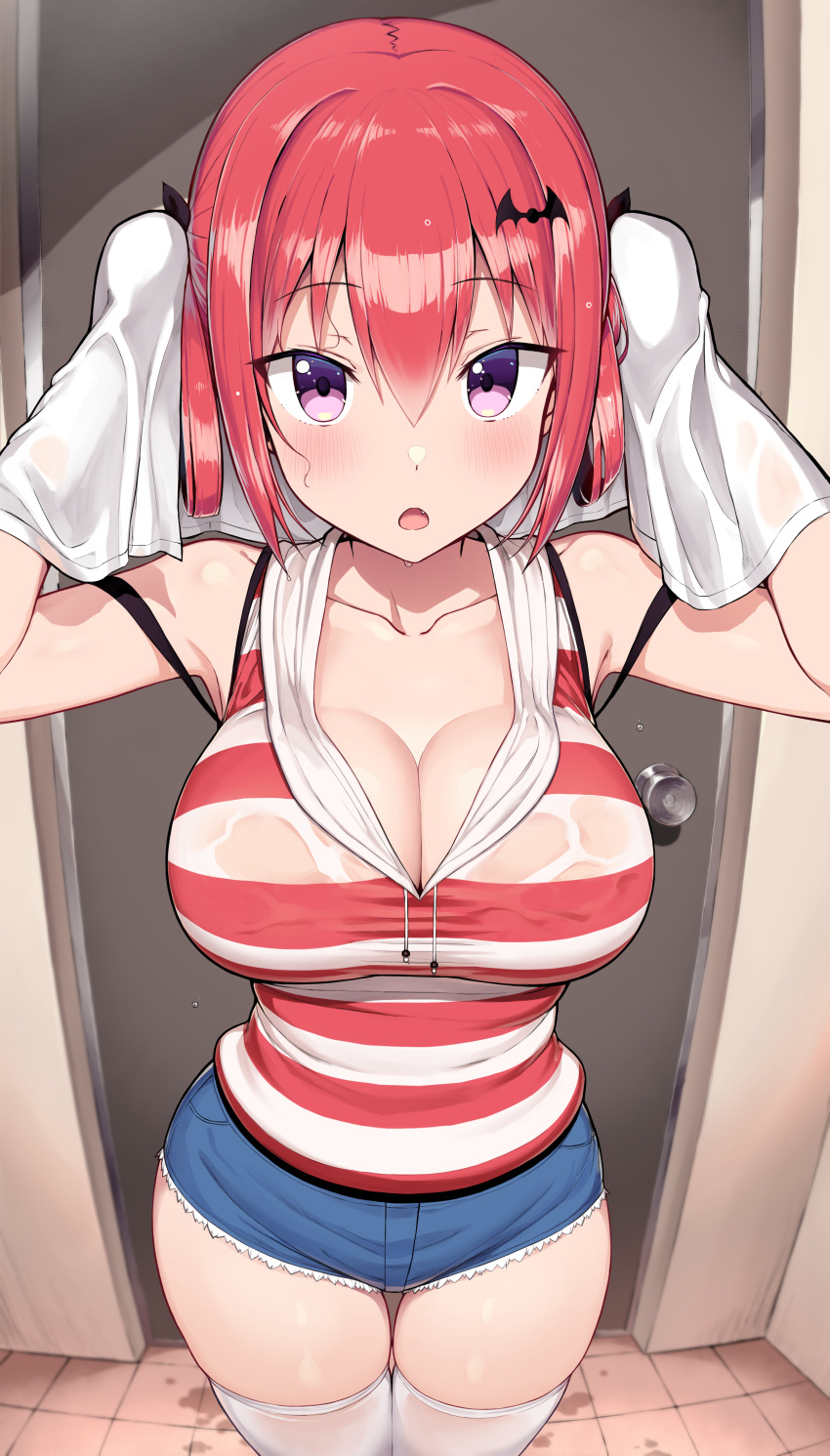 1girl absurdres bangs blush bra_through_clothes breasts cleavage collarbone curvy denim denim_shorts drying drying_hair gabriel_dropout greatmosu hair_ornament highres large_breasts looking_at_viewer open_mouth purple_eyes red_hair satanichia_kurumizawa_mcdowell shirt short_shorts shorts simple_background striped striped_shirt thick_thighs thigh_gap thighhighs thighs towel wet wet_clothes wet_hair white_legwear