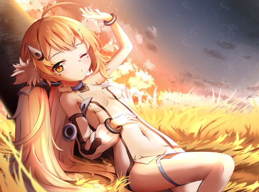 1girl absurdres ahoge arm_up azur_lane bangs blonde_hair breasts commentary_request covered_navel detached_sleeves dress eldridge_(azur_lane) facial_mark fur grass grasslands hair_between_eyes hair_tubes highres juiceneko long_hair looking_at_viewer lying one_eye_closed orange_eyes sidelocks small_breasts solo thighhighs twilight white_dress white_legwear zettai_ryouiki