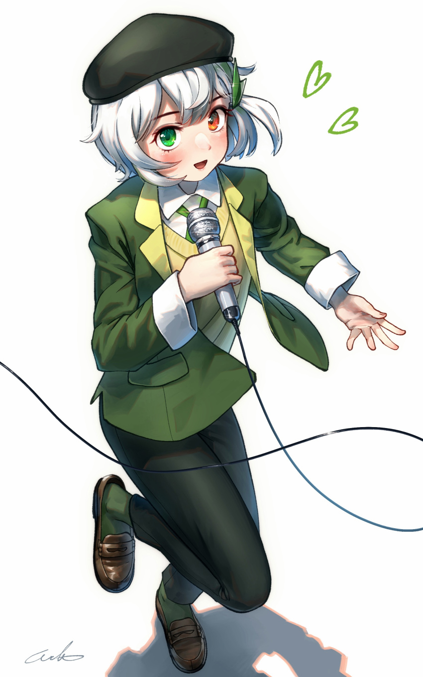 1girl :d absurdres androgynous bangs beret black_headwear black_pants borrowed_character brown_hair commentary green_eyes green_jacket green_legwear hair_ornament hairclip hat heart highres holding holding_microphone jacket long_sleeves looking_at_viewer microphone open_clothes open_jacket open_mouth orange_eyes original pants shirt shoes short_hair silver_hair simple_background smile socks solo vest welt_(kinsei_koutenkyoku) white_background white_shirt wing_collar yellow_vest