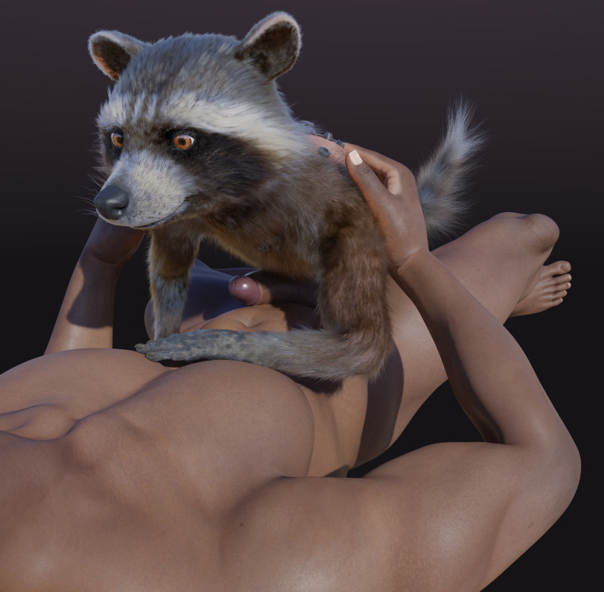 3d_(artwork) 5_fingers 5_toes anthro biped black_nose blender_(software) brown_body brown_eyes brown_fur cheek_tuft claws cybernetics digital_media_(artwork) disney duo embrace embracing erection facial_markings facial_tuft feet finger_claws fingers fur genitals gradient_background guardians_of_the_galaxy head_markings hi_res human human_on_anthro interspecies lying machine male male/male mammal markings marvel mask_(marking) multicolored_body multicolored_fur muscular muscular_male nude pawpads penis pink_penis plantigrade procyonid purple_background raccoon ringtail rocket_raccoon rockyrcoon sex simple_background size_difference smile toe_claws toes tuft whiskers white_body white_ear_tips white_fur white_muzzle