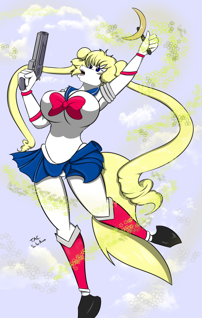 anna_(sailoranna) anthro armor big_breasts blonde_hair bottomwear bracers breasts clothing equid equine female fur gun hair handgun hi_res hooves horse mammal open_mouth pistol ranged_weapon sailor_moon_(series) sailoranna skirt solo wand weapon white_body white_fur