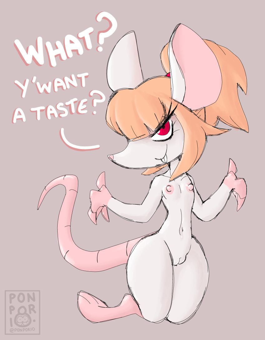 4_fingers absurd_res animal_humanoid anthro blonde_hair dialogue female fingers flat_chested hair hi_res humanoid mammal mammal_humanoid mouse mouse_humanoid murid murid_humanoid murine murine_humanoid ponporio_(artist) ponytail rodent rodent_humanoid smug solo