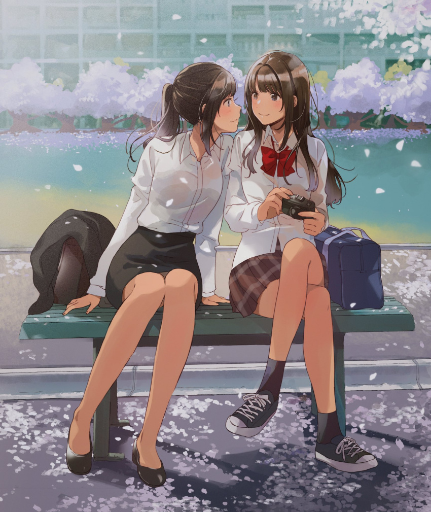 2girls bag bench black_footwear black_legwear black_skirt blush bow bowtie brown_eyes brown_hair building camera cherry_blossoms closed_mouth collared_shirt flats flower fly_(marguerite) highres holding holding_camera jacket long_hair long_sleeves looking_at_another multiple_girls office_lady original pencil_skirt petals pink_flower plaid plaid_skirt pleated_skirt ponytail red_bow red_neckwear red_skirt school_bag shirt shoes sitting skirt smile socks tree white_shirt