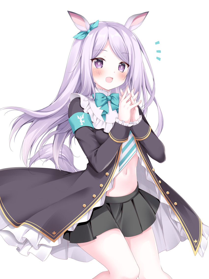 1girl :d absurdres animal_ears aqua_bow aqua_ribbon black_jacket black_skirt blush bow commentary_request ear_ribbon frilled_jacket frilled_sleeves frills hands_up highres horse_ears horse_girl horse_tail interlocked_fingers jacket korie_riko long_hair long_sleeves looking_at_viewer mejiro_mcqueen_(umamusume) notice_lines open_mouth pleated_skirt purple_eyes purple_hair ribbon simple_background skirt sleeves_past_wrists smile solo tail umamusume very_long_hair white_background