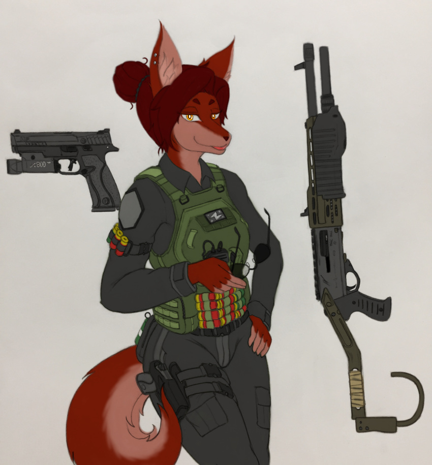 absurd_res anthro canid canine ear_piercing female fox gun handgun hi_res mammal mercenary piercing ranged_weapon shotgun soldier solo warrior weapon zhs