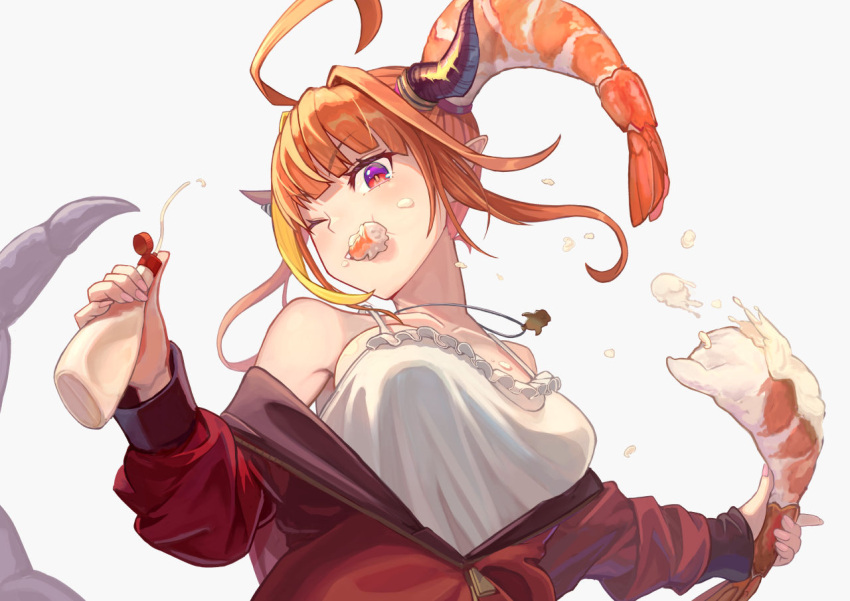 1girl ahoge bangs bare_shoulders blonde_hair blunt_bangs bottle bow breasts camisole collarbone crustacean diagonal-striped_bow dragon_girl dragon_horns dragon_tail eating eyebrows_visible_through_hair food food_in_mouth frilled_camisole from_below hair_as_food hair_intakes highlights holding holding_bottle holding_food hololive horn_bow horns jacket jewelry kiryu_coco large_breasts light_blush long_sleeves looking_at_viewer mayonnaise mayonnaise_bottle medium_hair multicolored multicolored_eyes multicolored_hair off_shoulder official_alternate_costume one_eye_closed open_clothes open_jacket orange_hair partially_unzipped pendant pointy_ears purple_eyes red_eyes red_jacket sakumichi shrimp sidelocks simple_background solo squeeze_bottle squeezing streaked_hair striped striped_bow tail track_jacket upper_body virtual_youtuber white_background white_camisole zipper_pull_tab