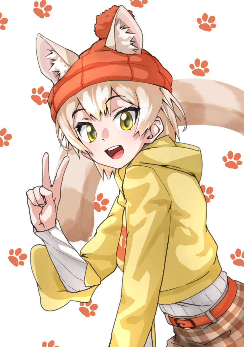 absurdres animal_ears animal_print beanie belt blonde_hair brown_skirt cat_(kemono_friends) cat_ears cat_girl cat_print cat_tail commentary_request cowboy_shot ears_through_headwear extra_ears eyebrows_visible_through_hair hat highres hood hood_down kemono_friends kemono_friends_3 light_brown_hair long_sleeves multicolored_hair official_alternate_costume orange_headwear plaid plaid_skirt shirt short_hair skirt sweater tail tanabe_(fueisei) v white_shirt yellow_eyes yellow_sweater