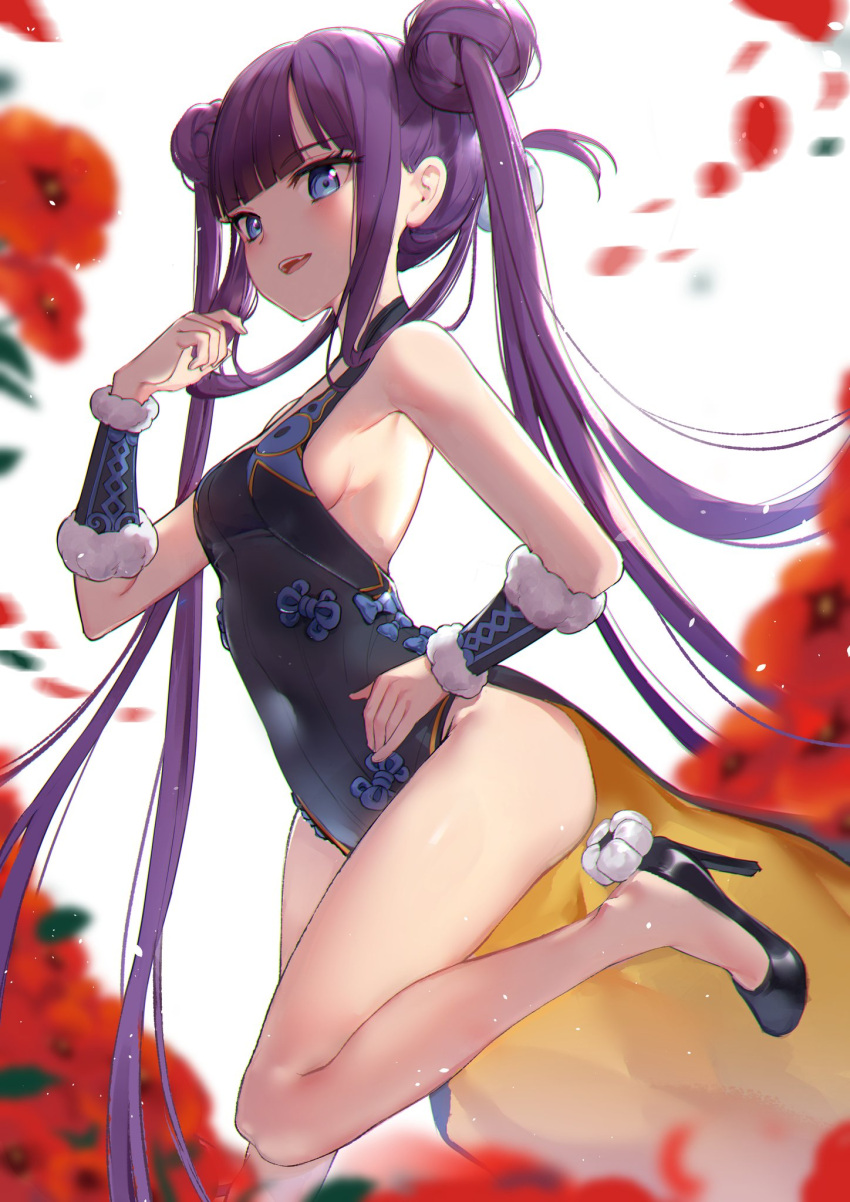 1girl armpits bada_(jksh5056) bare_legs bare_shoulders black_dress black_footwear blue_eyes blurry breasts covered_navel depth_of_field double_bun dress fate/grand_order fate_(series) flower fur_trim hand_on_hip hand_up high_heels highres leg_up long_hair looking_at_viewer no_socks open_mouth pelvic_curtain purple_hair red_flower sidelocks sleeveless sleeveless_dress small_breasts smile solo thighs twintails very_long_hair wrist_cuffs yang_guifei_(fate)