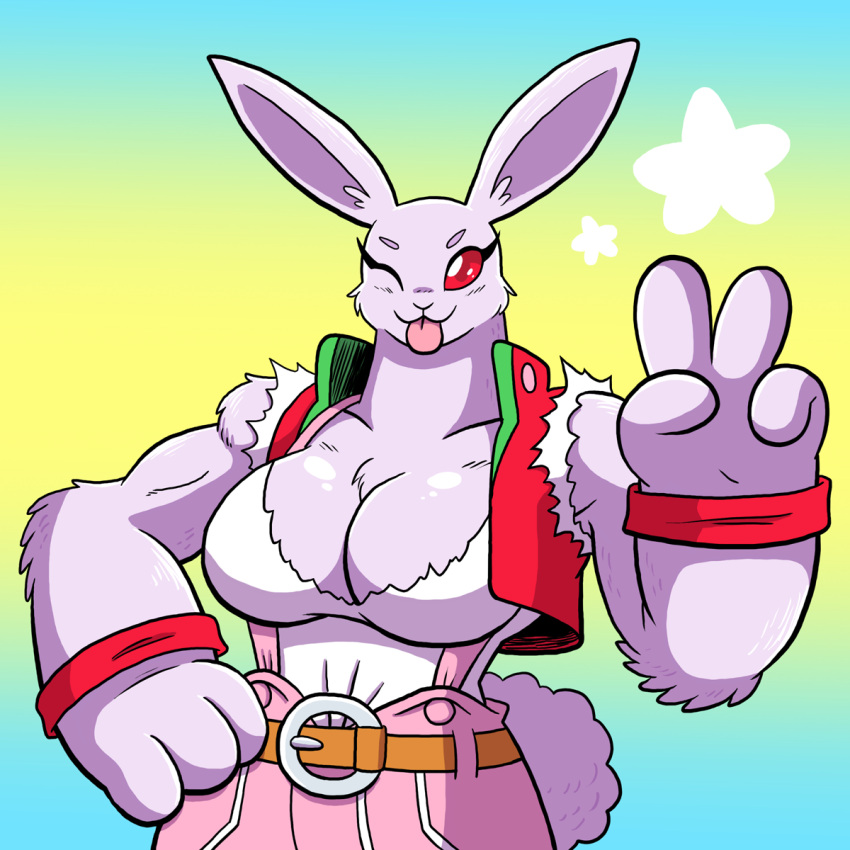 4_fingers alice_the_rabbit anthro bare_shoulders big_breasts blep bloody_roar breasts chest_tuft cleavage clothed clothing cotton_tail curvaceous curvy_figure digital_media_(artwork) female fingers fur gesture hi_res lagomorph leporid long_ears mammal one_eye_closed pink_clothing prinnydood rabbit red_eyes red_sclera solo tongue tongue_out tuft v_sign video_games voluptuous were werelagomorph wererabbit white_body white_fur