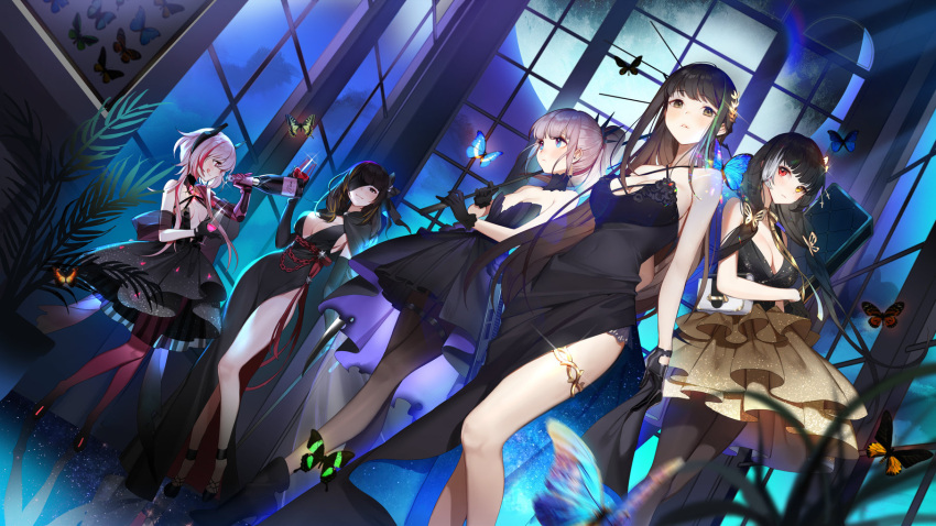 5girls :q alcohol anti-rain_(girls_frontline) bahao_diqiu bare_shoulders black_dress black_eyes black_gloves black_hair black_legwear blue_eyes blurry blurry_background bottle breasts brown_eyes brown_hair bug butterfly champagne_flute criss-cross_halter cup depth_of_field detached_collar dress drinking_glass dutch_angle eyepatch girls_frontline glint gloves green_hair gun halterneck heterochromia high_heels highres insect large_breasts long_hair low-tied_long_hair m16a1_(girls_frontline) m4_sopmod_ii_(girls_frontline) m4a1_(girls_frontline) medium_breasts multicolored_hair multiple_girls night official_alternate_costume official_art pantyhose parted_lips pink_hair pink_legwear ponytail ro635_(girls_frontline) side_slit sidelocks small_breasts source_request st_ar-15_(girls_frontline) strapless strapless_dress streaked_hair thighlet tongue tongue_out weapon wine wine_bottle wine_glass
