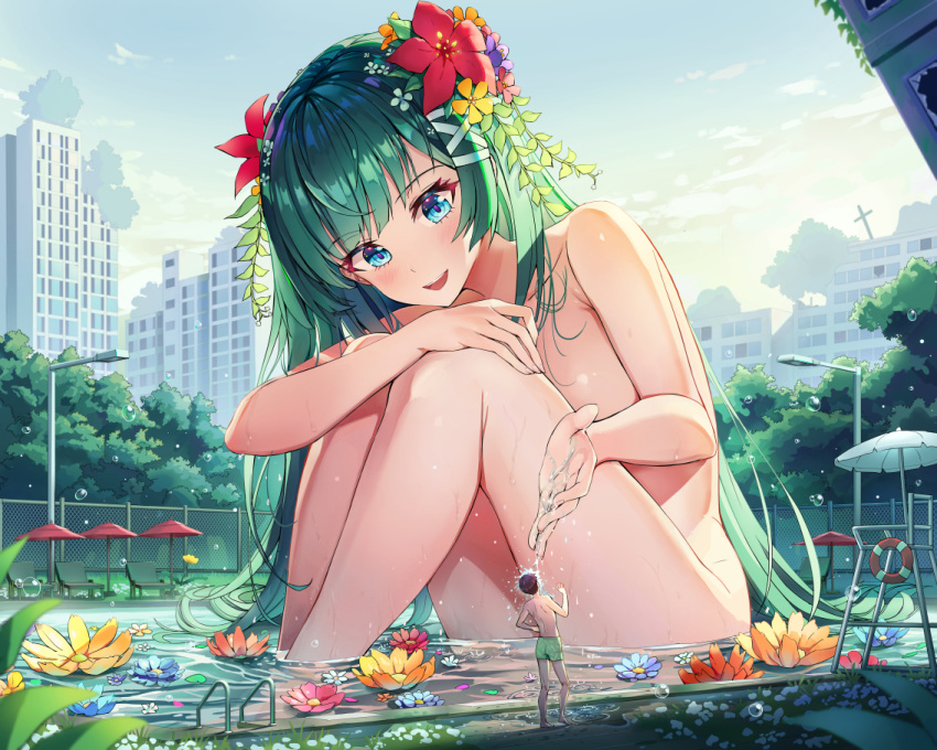 1boy 1girl :d apple_(luffy123) bangs blue_eyes blue_flower building chain-link_fence city completely_nude day eyebrows_visible_through_hair fence flower giant giantess green_hair hair_flower hair_ornament in_the_face knees_up lamppost lifebuoy long_hair looking_at_another looking_down male_swimwear nude open_mouth original outdoors partially_submerged petals pool pool_ladder poolside red_flower revision sitting smile splashing swim_trunks swimwear very_long_hair water yellow_flower