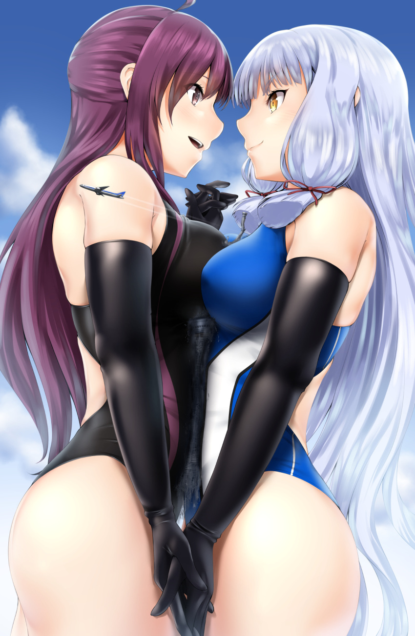 2girls aircraft airplane ass asymmetrical_docking bare_shoulders black_gloves blush breast_press breasts building closed_mouth competition_swimsuit destruction elbow_gloves giant giantess gloves hagikaze_(kancolle) hair_ribbon half_updo highres holding_hands interlocked_fingers kantai_collection long_hair looking_at_another medium_breasts multiple_girls murakumo_(kancolle) one-piece_swimsuit open_mouth purple_eyes purple_hair rakia_(ds00309) red_eyes ribbon silver_hair skyscraper smile swimsuit tokyo_sky_tree tress_ribbon very_long_hair white_hair yuri