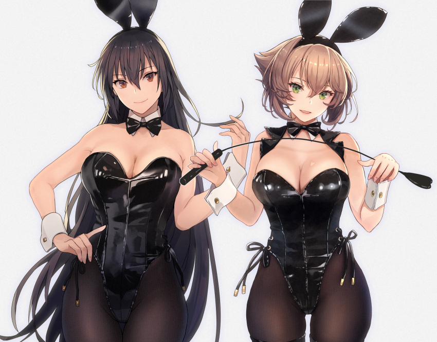 2girls absurdres animal_ears black_hair black_legwear black_leotard blush breasts brown_eyes brown_hair bunny_ears cleavage commentary cowboy_shot detached_collar fake_animal_ears green_eyes hair_between_eyes highres holding holding_whip kantai_collection kasumi_(skchkko) large_breasts leotard long_hair multiple_girls mutsu_(kancolle) nagato_(kancolle) open_mouth pantyhose playboy_bunny riding_crop shiny shiny_clothes short_hair smile whip wrist_cuffs
