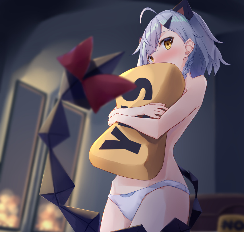 1girl ahoge akinakesu-chan animal_ears bangs blurry blurry_background blurry_foreground blush bow braid brown_eyes commentary_request covered_mouth depth_of_field eyebrows_visible_through_hair grey_hair hair_ornament hairclip highres indoors looking_at_viewer no no_pants nose_blush original panties pillow pillow_hug red_bow solo standing tail tail_bow tail_ornament topless underwear underwear_only white_panties yes yes-no_pillow