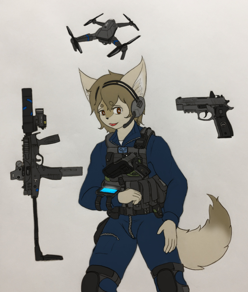 absurd_res anthro canid canine drone_(vehicle) fox gun handgun hi_res male mammal mercenary ranged_weapon soldier solo warrior weapon zhs