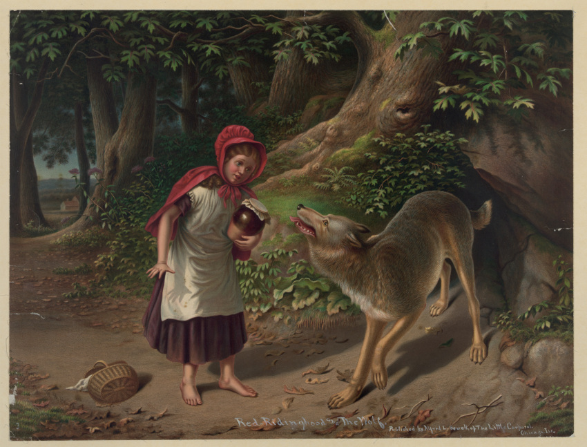 1867 19th_century 5_fingers absurd_res ancient_furry_art anthro barefoot basket big_bad_wolf biped blue_eyes brown_body brown_fur brown_hair building canid canine canis clothed clothing day detailed detailed_background digitigrade duo ears_back english_text fallen_leaves feet female feral ferns fingers forest fully_clothed fur glass_jar grey_body grey_fur hair headgear headwear hi_res holding_object house jar light_body light_skin little_red_riding_hood little_red_riding_hood_(copyright) looking_at_another male mammal nude open_mouth outside pivoted_ears plant plantigrade proper_art public_domain quadruped red_cheeks red_clothing shadow standing teeth text tongue tongue_out traditional_media_(artwork) tree two_tone_tail unknown_artist white_chest white_clothing wolf yellow_eyes