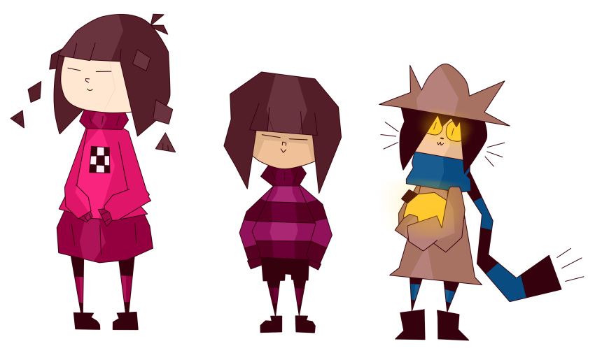 1girl 2others abstract ambiguous_gender animal_ears braid brown_hair cat cat_ears closed_eyes clothes cubism frisk_(undertale) highres madotsuki multiple_others niko_(oneshot) oneshot_(game) smile striped striped_clothes striped_legwear sugarphobia undertale whiskers yellow_eyes yume_nikki