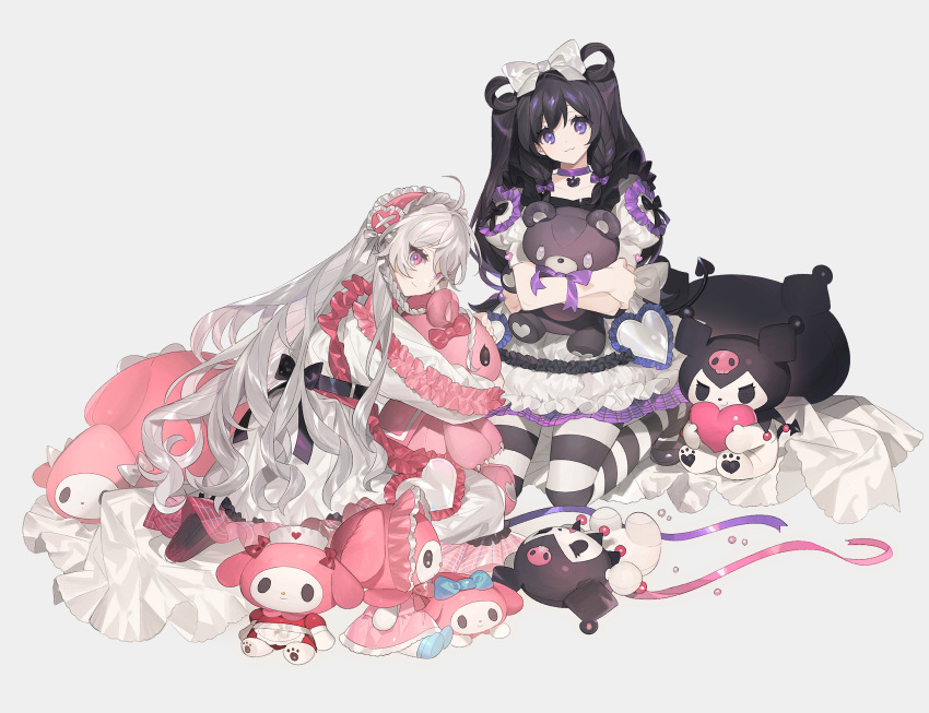 2girls black_footwear black_hair bow braid dress frilled_dress frills grey_bow grey_hair hair_bow heart highres kneeling kuromi long_hair long_sleeves lunch_(lunchicken) multiple_girls my_melody onegai_my_melody original pantyhose pink_eyes pink_ribbon purple_eyes purple_ribbon ribbon shoes short_sleeves striped striped_legwear