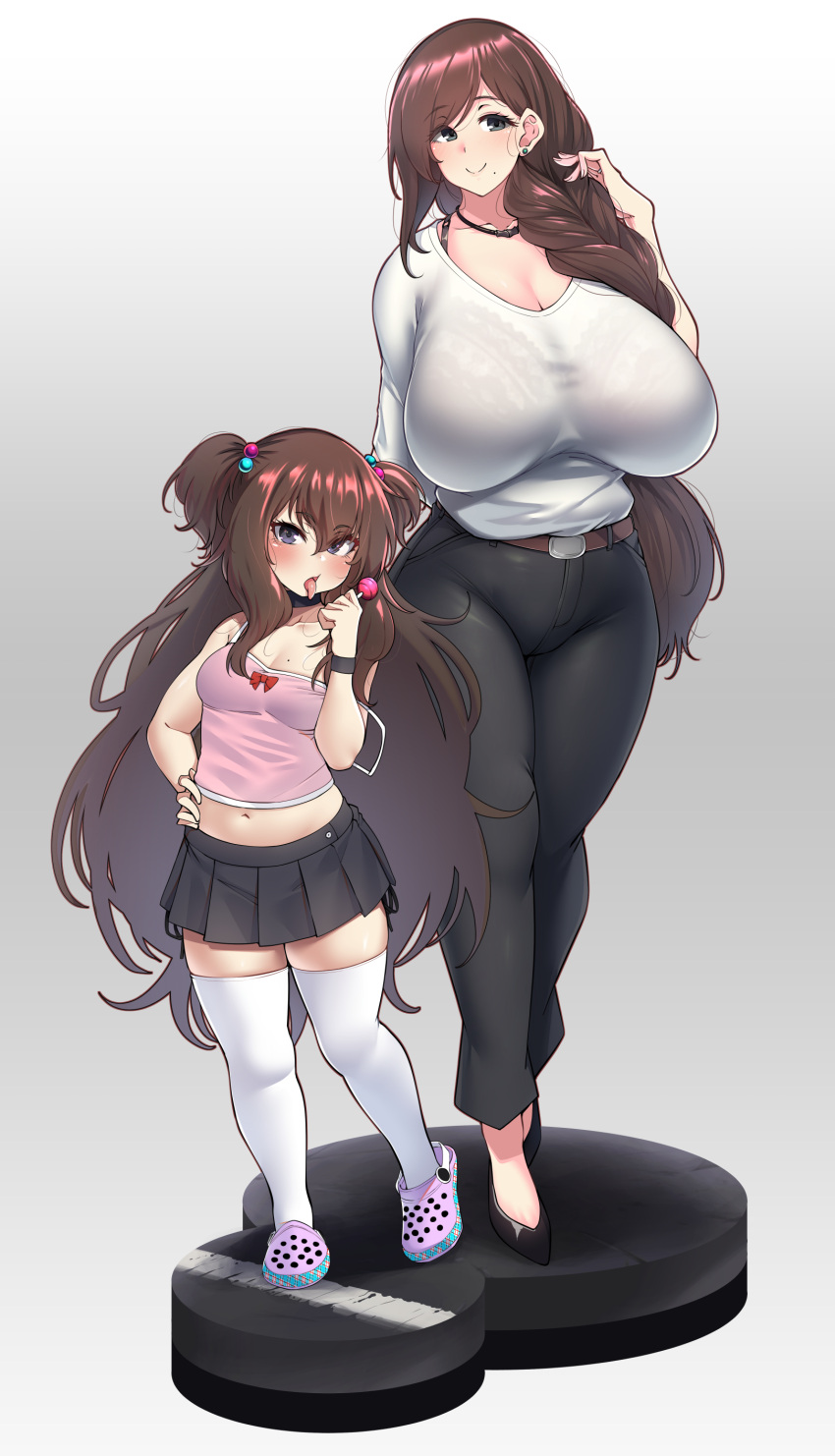 2girls absurdres belt black_eyes black_footwear black_pants black_skirt bra_through_clothes bralines breasts brown_belt brown_hair candy earrings food full_body gigantic_breasts hair_over_shoulder high_heels highres holding holding_candy holding_food holding_lollipop jewelry konoshige_(ryuun) lollipop long_hair mature_female midriff miniskirt mole mole_on_breast mole_under_mouth mother_and_daughter multiple_girls navel original pants purple_eyes purple_shirt ring shirt short_sleeves skirt sleeveless sleeveless_shirt small_breasts smile standing thighhighs two_side_up very_long_hair wedding_band white_legwear white_shirt