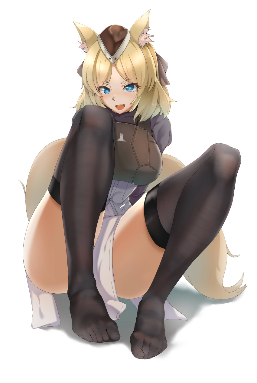 2020 5_toes absurd_res animal_humanoid arknights blonde_hair blue_eyes breasts clothing feet female fluffy fluffy_tail fur hair hat headgear headwear hi_res humanoid hypergryph inner_ear_fluff legwear long_hair looking_at_viewer mammal mammal_humanoid open_mouth shocklam smile solo studio_montagne thigh_highs toes tuft video_games whislash_(arknights) white_body white_fur
