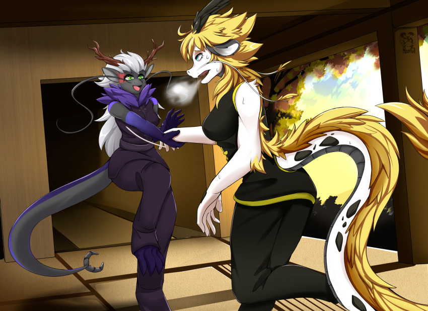 anthro asian_clothing asian_mythology black_body blonde_hair blue_eyes clothed clothing dojo dragon duo east_asian_clothing east_asian_mythology eastern_dragon female female/female fur green_eyes hair hand_holding hi_res horn japanese_clothing moonfluffmf mythology purple_body purple_fur running scar training white_body white_fur white_hair