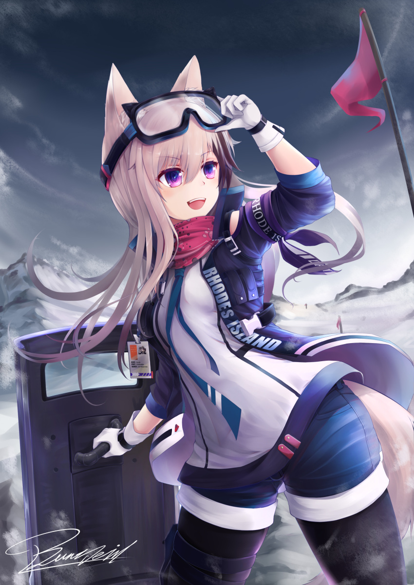 2019 absurd_res animal_humanoid arknights blonde_hair bounty_devil canid canid_humanoid cardigan_(arknights) clothing female gloves hair handwear hi_res holding_object holding_shield humanoid hypergryph jacket mammal mammal_humanoid open_mouth outside purple_eyes shield ski_goggles smile snow solo studio_montagne topwear video_games