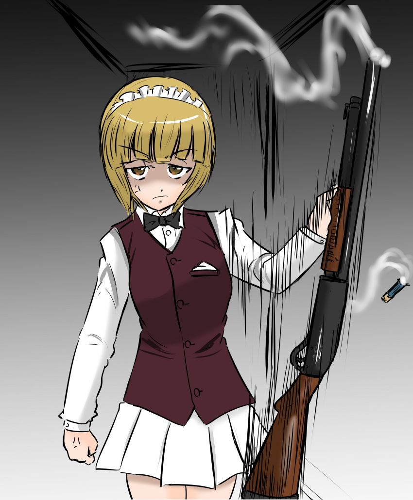 1girl absurdres anger_vein angry bangs bartender black_neckwear blonde_hair blunt_bangs bob_cut bow bowtie brown_eyes brown_vest clenched_hand closed_mouth commentary cowboy_shot cutlass_(girls_und_panzer) dress_shirt eyebrows_visible_through_hair frown girls_und_panzer glaring gradient gradient_background grey_background gun highres holding holding_gun holding_weapon long_sleeves looking_at_viewer miniskirt moesenyukikaze motion_blur pleated_skirt pump_action school_uniform shirt short_hair shotgun shotgun_shells skirt smoke solo standing vest weapon white_shirt white_skirt wing_collar