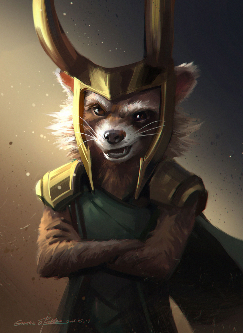 2018 anthro armor biped black_lips brown_eyes brown_nose cape clothing crossed_arms dated digital_media_(artwork) fur gothicq green_clothing guardians_of_the_galaxy headgear helmet hi_res lips loki_(marvel) looking_at_viewer male mammal marvel open_mouth procyonid raccoon rocket_raccoon signature simple_background solo teeth topwear whiskers white_body white_fur