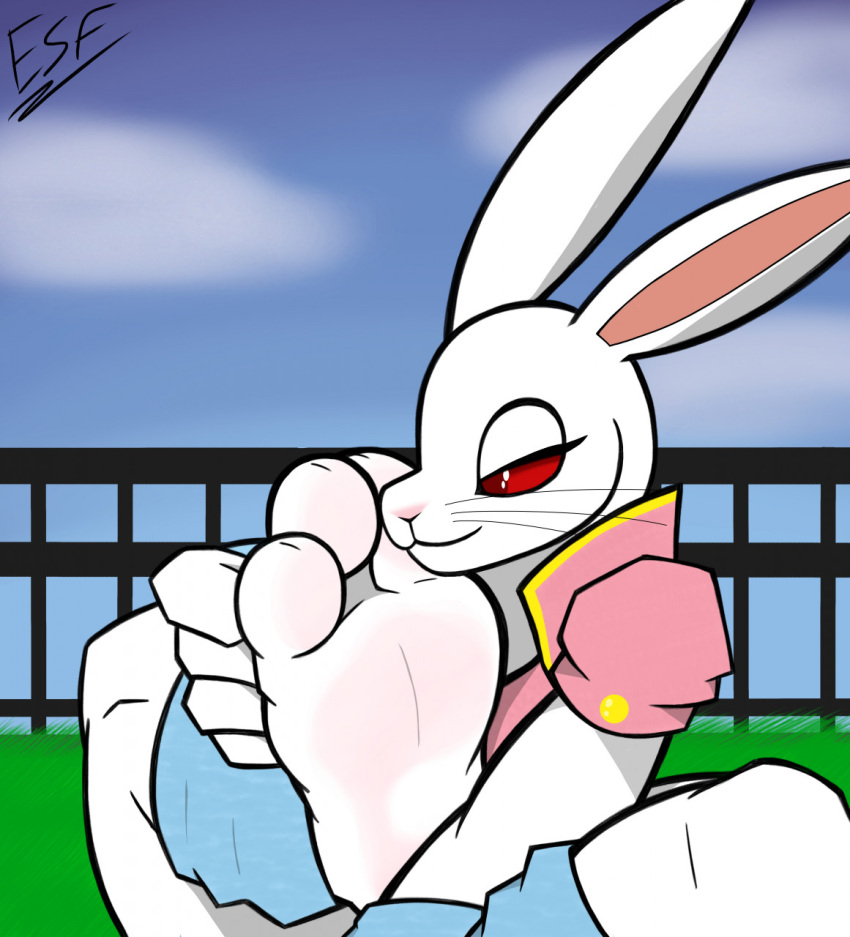 3_toes alice_the_rabbit anthro barefoot bloody_roar clothed clothing countershade_feet countershading detailed_background digital_media_(artwork) electricsnowfox feet female foot_fetish foot_focus fur hi_res lagomorph leporid long_ears looking_at_viewer mammal presenting rabbit red_eyes red_sclera smile soles solo toes topwear video_games were werelagomorph wererabbit white_body white_fur